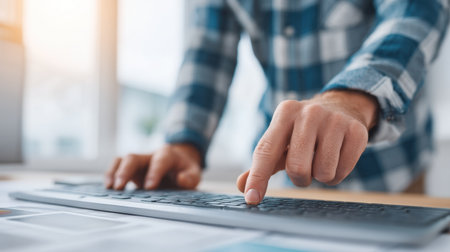 A focused professional works on website optimization tools and strategies at a modern workspace, emphasizing digital management and effective ranking techniques.の素材