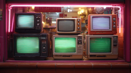 This captivating image features vintage retro televisions creatively displayed in a shop window, enhanced by colorful neon lights that evoke nostalgia for classic electronics.の素材