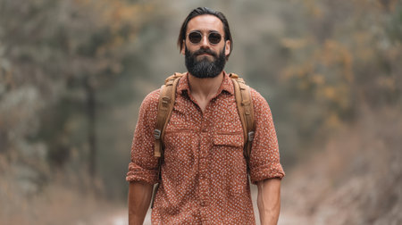 A man enjoys a tranquil walk through a forest trail, sporting sunglasses and a stylish shirt, embodying the spirit of adventure and connection with nature.の素材