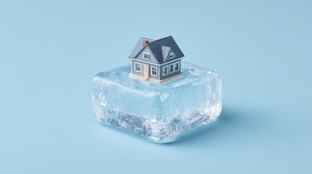 A captivating image of a miniature house encased in a clear ice block, highlighting themes of fragility and the essence of home within an artistic context.の素材
