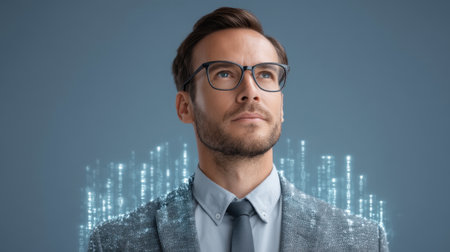 Male professional with virtual data overlay, showcasing innovation and technology in a corporate setting. Perfect for themes of growth, strategy, and success.の素材