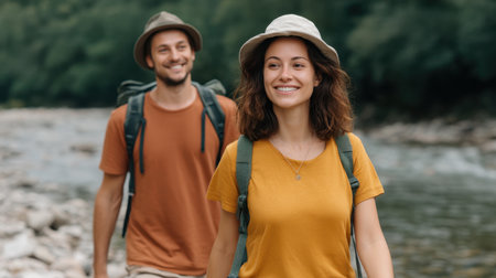 A cheerful Asian couple enjoys a refreshing hike in a vibrant forest by a serene river, showcasing happiness and adventure in the great outdoors. Perfect for travel themes.の素材