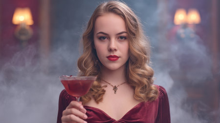 Enigmatic woman holds a cocktail in a smoky, haunted mansion setting, exuding elegance and mystery. Perfect for themes of allure, vintage charm, and spooky atmosphere.の素材