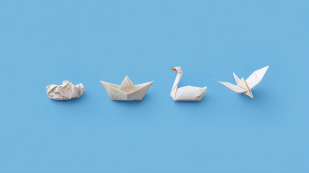 Discover the artistic transformation of crumpled paper into intricate boat, swan, and bird designs. A vibrant blue backdrop enhances this creative sequence.の素材