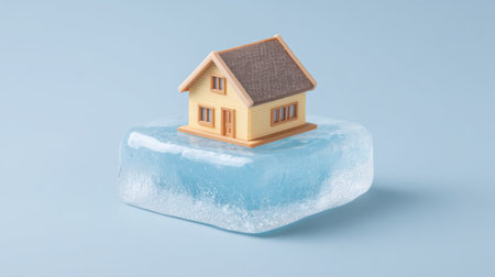 A striking image of a miniature house perched on a clear ice block, symbolizing the challenges in the housing market amidst a cold economy. This visual evokes thoughts on domestic stability.の素材