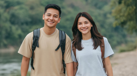 A cheerful Asian couple enjoys a hike in the forest near a river, sharing smiles and moments of joy. This outdoor scene captures the beauty of nature and connection.の素材