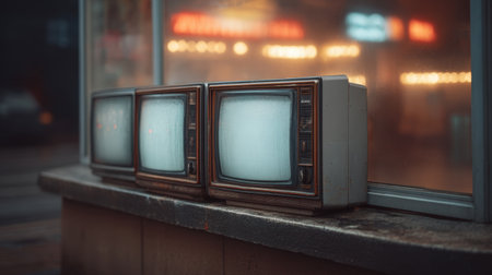 Three vintage televisions sit in an urban shop window, displaying static. The warm ambient light creates a nostalgic atmosphere, reflecting retro technology in a city scene.の素材