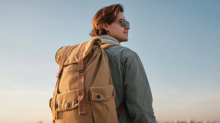 A young person wearing sunglasses and a backpack stands confidently, looking at the horizon during golden hour, embodying adventure and tranquility in a scenic outdoor setting.の素材