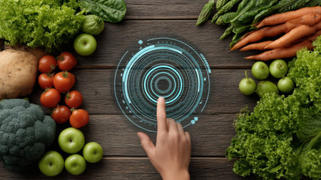 Explore a dynamic digital interface overlay featuring fresh produce on a rustic wooden surface. A hand interacts with vibrant vegetables, showcasing a fusion of technology and nature.の素材