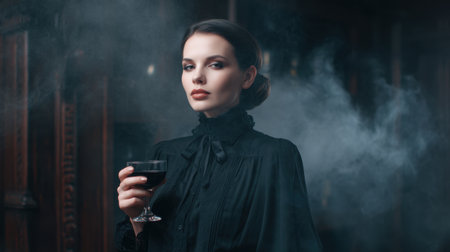 A captivating portrait of a woman in a haunted bar, holding a dark drink. The eerie atmosphere, coupled with swirling smoke, creates a hauntingly beautiful scene.の素材