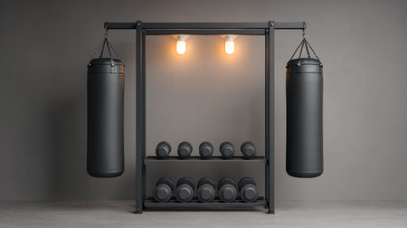 Discover a modern fitness equipment setup featuring black punching bags and dumbbells against a minimalist backdrop, perfect for home gym enthusiasts.の素材