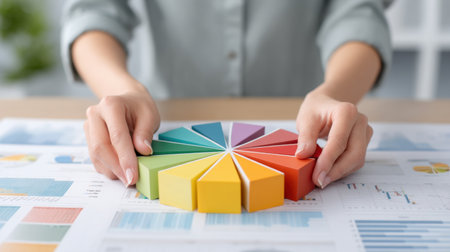 A professional workspace featuring hands arranging colorful chart pieces on a table. This image highlights data visualization and strategic planning in a bright office setting.の素材