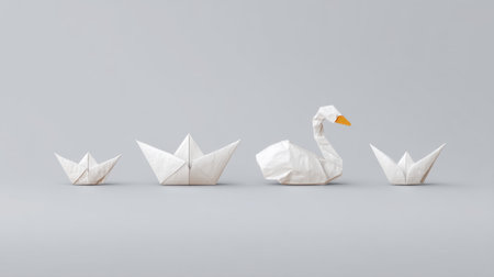 Explore the fascinating evolution of paper origami as it transforms from simple boats to elegant swans, showcasing creativity and minimalist design in artistic expression.の素材