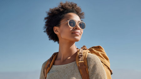 A young woman with an adventurous spirit is wearing sunglasses and a backpack, gazing thoughtfully at the horizon under a clear blue sky, embodying a sense of freedom.の素材