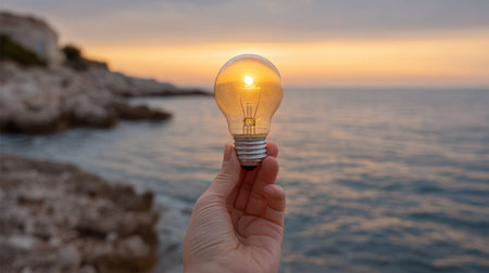 A hand holds a glowing light bulb against a breathtaking sunset over calm waters, symbolizing inspiration and creativity in a serene and beautiful environment.の素材