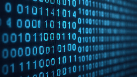 A glowing display of binary numbers forming a digital data stream on a dark background. Perfect for representing technology, information, and data visualization themes.の素材