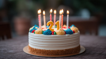 A beautifully decorated birthday cake adorned with bright frosting and glowing candles, perfect for celebrating special occasions with family and friends, creating joyful memories.の素材