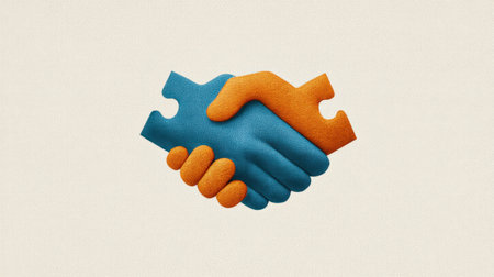 This artistic representation features interlocking hands depicted as puzzle pieces, symbolizing unity, collaboration, and partnership in business and personal connections.の素材