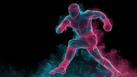 Explore the vibrant scene of a Muay Thai athlete captured in neon smoke, presenting an impressive display of energy and athletic power against a dramatic backdrop.の素材