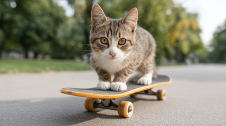 A charming cat skillfully balances on a skateboard, enjoying a leisurely ride through a sunny park trail, capturing the essence of playful summer adventures.の素材