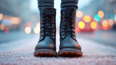 A captivating image of boots standing on a frosty, snowy street illuminated by city lights. The soft bokeh effect adds to the serene winter atmosphere.の素材