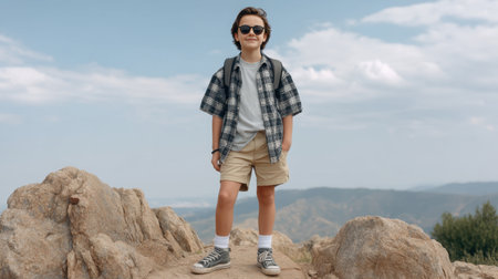 Young hiker stands confidently on a rocky path, wearing shades and a casual outfit, surrounded by a breathtaking scenic landscape. Ideal for adventure themes.の素材