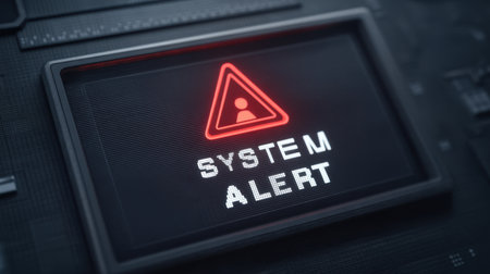 High-quality image of a digital screen displaying a glowing system alert with a warning sign, perfect for illustrating technology and cybersecurity themes.の素材