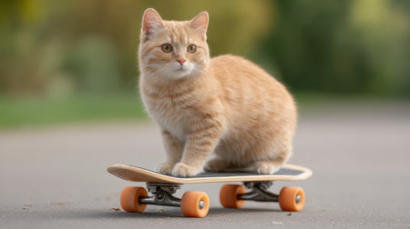 A charming orange cat expertly balances on a skateboard, enjoying a playful ride through a sunlit park trail during the summer season, embodying joy and adventure.の素材