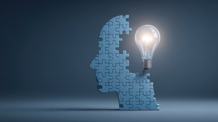 This image showcases a creative interpretation of a human profile made from jigsaw puzzle pieces, with a light bulb symbolizing new ideas and innovation.の素材