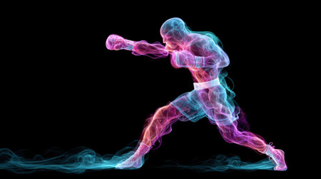 This striking image captures a vibrant neon boxer figure mid-punch, enveloped in a colorful smoke effect. Perfect for dynamic sports themes, fitness projects, or artistic expressions.の素材