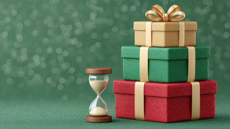 A beautifully arranged stack of colorful Christmas gift boxes featuring satin ribbons and a stylish bow, with an hourglass beside them on a shimmering green background.の素材