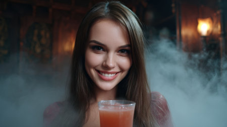 A captivating image of a woman smiling warmly while holding a drink, set in a haunted mansion enveloped in fog, creating an eerie yet enchanting atmosphere.の素材
