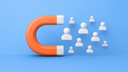 A visually striking image of an orange magnet attracting diverse person icons against a blue backdrop, symbolizing innovative marketing strategies and audience engagement.の素材