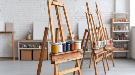 A modern art studio featuring wooden easels arranged artistically, showcasing colorful jars of paint. Perfect for inspiring creativity in a bright, spacious space.の素材
