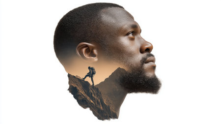 A striking image featuring the profile of a Black man combined with a mountain climber, representing adventure and determination amidst breathtaking scenery.の素材