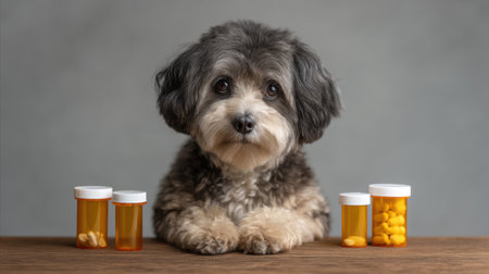 This heartwarming image features an adorable dog resting on a tabletop surrounded by pill bottles, emphasizing the importance of pet health care and wellness management.の素材