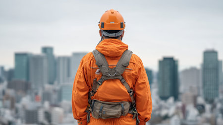 A man in bright orange safety gear stands with a helmet, gazing at a sprawling urban landscape under a cloudy sky, embodying preparation and professionalism.の素材
