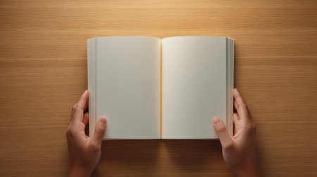 A serene scene featuring a pair of hands holding an open white book with empty pages on a smooth wooden table, creating a minimalist aesthetic perfect for creative projects.の素材