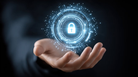 A hand presenting a holographic image of a secure system with a lock symbol, illustrating advanced technology and concepts in cybersecurity and data protection.の素材