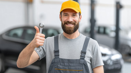 A cheerful mechanic gives a thumbs up while holding a wrench in an auto repair shop, radiating professional pride and ensuring customer confidence in his skills.の素材