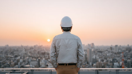 A man in work attire stands on a rooftop, observing the sunrise over a sprawling city skyline, embodying professionalism and contemplation in a serene urban setting.の素材