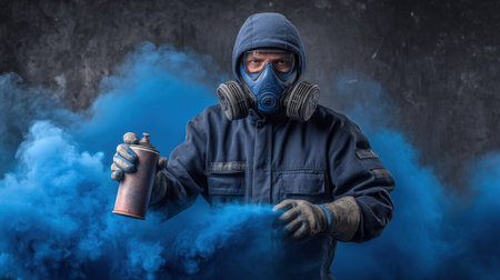 A masked worker in protective gear holds a spray can, enveloped in vivid blue smoke, capturing the essence of artistry and safety in an industrial setting.の素材