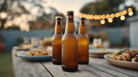 Enjoy a cozy backyard gathering at night with refreshing beers and delicious dishes surrounded by soft outdoor lighting, perfect for socializing and relaxing.の素材