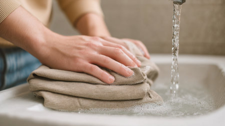 A close-up of hands scrubbing a shirt in a bathroom sink filled with sudsy water, showcasing the domestic task of cleaning and caring for fabric efficiently.の素材