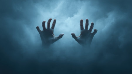 Evocative image of hands reaching out from dark shadows, surrounded by swirling mist, creating a dramatic and mysterious atmosphere full of emotion and depth.の素材