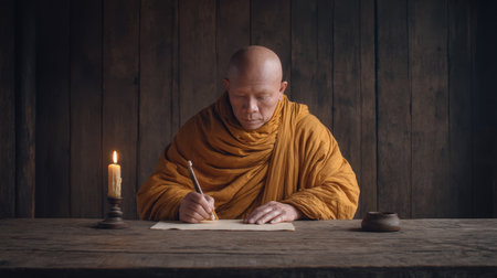 A serene scene featuring a monk writing on a scroll by candlelight, surrounded by rustic wooden walls. This image captures a moment of creativity and spiritual reflection.の素材