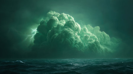 A mesmerizing scene showcasing a vivid green gas cloud, electrified with striking lightning discharges above a tumultuous ocean, captures the raw power of nature.の素材