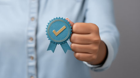 A hand is prominently holding a blue digital badge featuring a tick mark, symbolizing achievement and quality assurance in professional standards. Perfect for accreditation themes.の素材