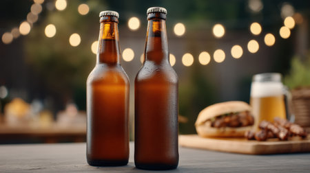 Enjoy a cozy dinner party atmosphere featuring beer bottles with string lights in a blurred background, ideal for outdoor gatherings and celebrating special moments.の素材
