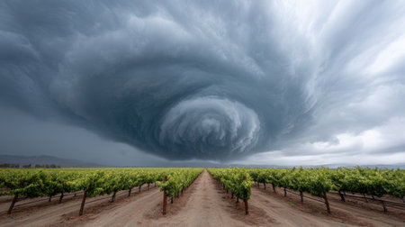 Experience the awe-inspiring sight of swirling dark clouds hovering over a tranquil vineyard, capturing the raw beauty and power of nature stormy display.の素材